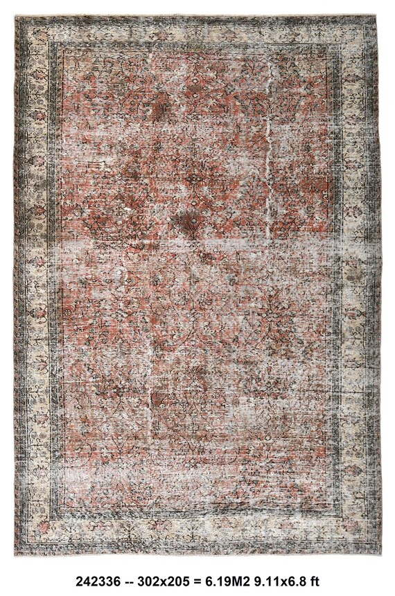 7x10 Floral Antique Red and Beige Vintage Rug,Distressed 7x10 Vintage oushak Rug,Sun Muted Distressed Floral 7x10 Area Rug,7x10 Turkish Rug,