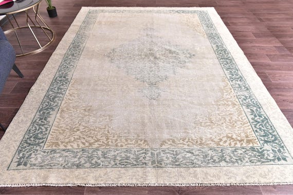 7x9 Vintage Faded Area Rug, 7x9 Farmhouse Rug, Handmade Wool Rug, 7x9 Persian Rug, 7x9 Area Rug, 7x9 Beige Green Color, Oversize Rug