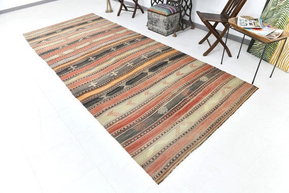 5x12 Vintage Faded Area Kilim Rug, 5x12 Striped Vintage Kilim Rug, Handmade Wool Rug, 5x12 Rug, Red & Green Kilim, Mid Century Modern, 57s