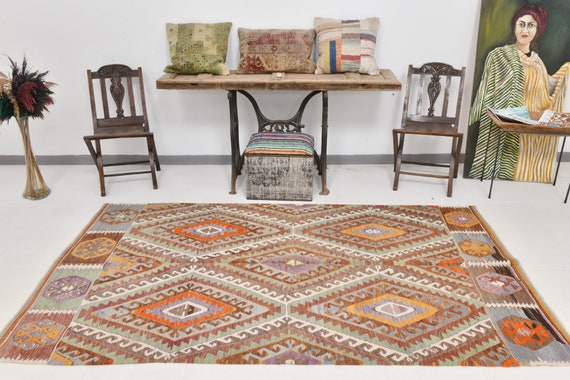 5x8 Green & Brown Tribal Kilim Rug, 5x8 Kilim Rug, 5x8, Wool Handmade Kilim, 5x8 Vintage Rug, Bohemian Eclectic Style, Rug For Living Room
