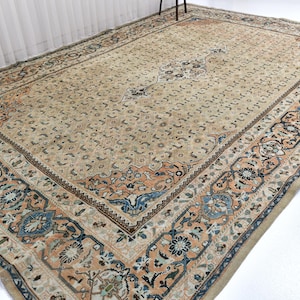 Tappeto persiano vintage 10x14, tappeto in stile orientale floreale 10x14, tappeto in stile persiano vintage color crema 10x14, tappeto 10x14 fatto a mano in Turchia