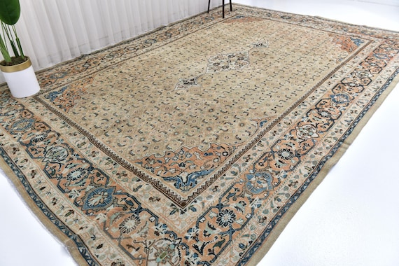 10x14 Vintage Persian Rug, 10x14 Floral Oriental Style Rug, 10x14  Cream Vintage Persian Style Rug, 10x14 Area Rug Handmade in Turkiye