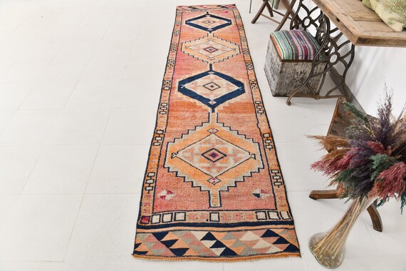 3x11 Runner Rug, 3x11 Persian Herki, 3x11 PERSIAN HERKI RUNNER Rug, 3x11, Oushak Handmade Rug, 3x11 Rugs, Navy Blue & Red Rug, Rug For Hall