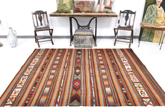6x8 Area Rug, Angora Kilim 6x8, 6x8 TURKISH VINTAGE KILIM Rug, 6x8, Wool Handmade Oushak, 6x8 Kilim Rug, Brown & Orange Rug, Rug For Kitchen