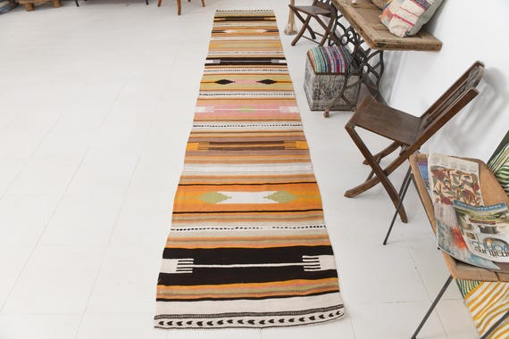 3x16 Runner Rug, 3x16 Extra Long Kilim Runner Rug, 3x16, Kilim Runner 3x16, Wool Handmade Oushak, Orange & Green Kilim, Rug For Hallway, 60s