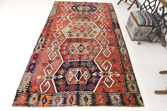 5x9 Area Rug, 5x9 Unique Kilim, 5x9 Navy Blue Orange Vintage Kilim Rug, Wool Handwoven Kilim, 5x9 Vintage Rug, Tribal Ethnic Style, Gifts