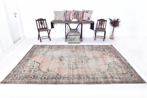 6x10 Soft Pastel Turkish Vintage Rug, 6x10 Vintage Rug Large Area Rug 6x10 Rugs Wool Handmade Turkey Peach & Brown Vintage Rug Antique 56s