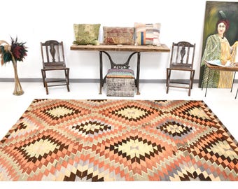 6x9 Area Rug, 6x9 Striped Kilim, 6x9 Brown & Orange Kilim Area Rug, 6x9, Oushak Handmade Kilim, 6x9 Rugs, Bohemian Eclectic Style, Anatolian