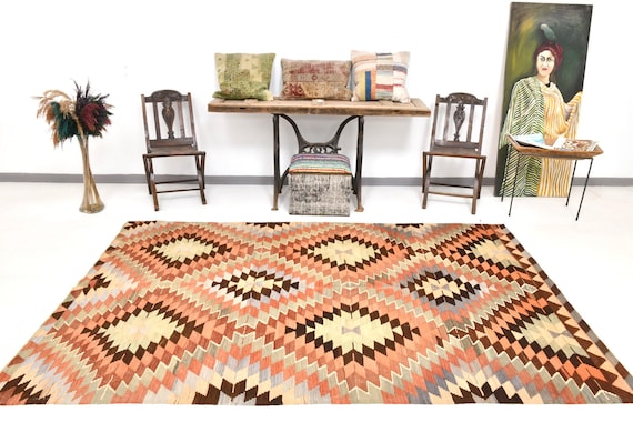 6x9 Area Rug, 6x9 Striped Kilim, 6x9 Brown & Orange Kilim Area Rug, 6x9, Oushak Handmade Kilim, 6x9 Rugs, Bohemian Eclectic Style, Anatolian