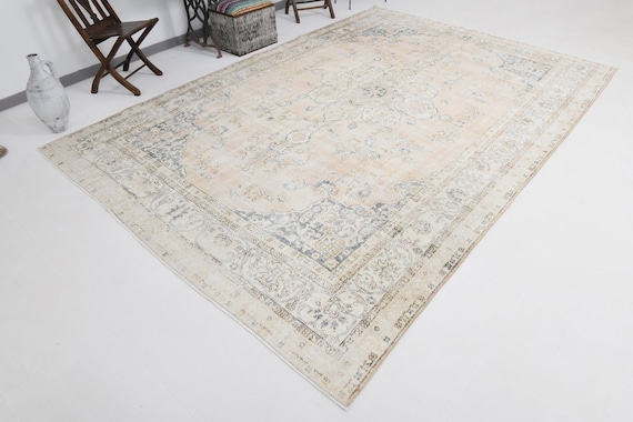 8x12 Neutral Vintage Handmade Faded Wool Large Rug
