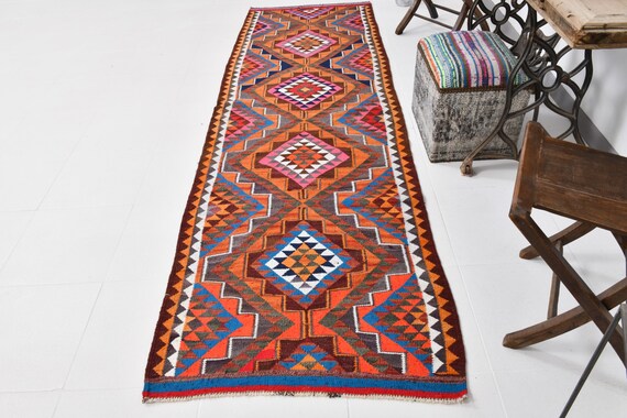 3x10 Runner Rug, 3x10 Kilim Runner, 3x10 Herki Kilim Runner Rug, Wool Hand Woven Rug, 3x10 Rug, Orange & Brown Kilim, Geometric Kilim, 60s