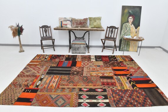 7x10 Area Rug, 7x10 Oversized Kilim Patchwork Rug, 7x10, Kilim Patchwork Rug, Handwoven Wool Oushak, Rugs 7x10, Rug For Farmhouse, Antique