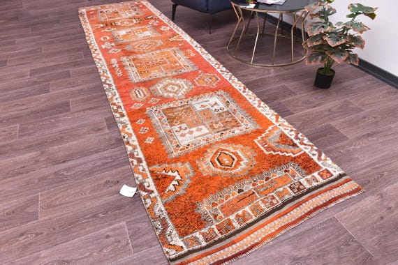 3x12 Handmade Vintage Wool Runner Rug, Rug For Hallway Kithcen, Red Gray Color, Oriantal Runner