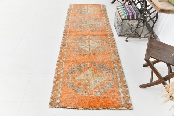 3x9 Herki Runner, 3x9 VINTAGE HERKI RUNNER Rug, 3x9, Herki Runner Rug, Wool Handmade Oushak, 3x9 Runner Rug, Orange Beige Rug, Rug For Entry