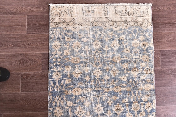 3x10 Vintage Persian Runner Rug, Faded Hallway Rug, Blue Gold Color, 3x10 Handmade Wool, Oriental Runner Rug, 3x10 Area Rug 3x10 Hallway Rug