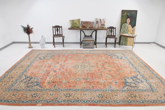 10x13 Oversize Vintage Persian Rug, 10x13 Oversize Rug Extra Large Area Rug 10x13 Area Rug Orange & Brown Rug Large Living Room Rugs