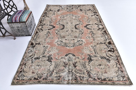 5x9 Vintage Turkish Area Rug, 5x9 Salmon, Green Color, Farmhouse Decor, Handwoven Wool Rug, 5x9 Area Rug, 5x9 Living Room Rug, Floral Rug
