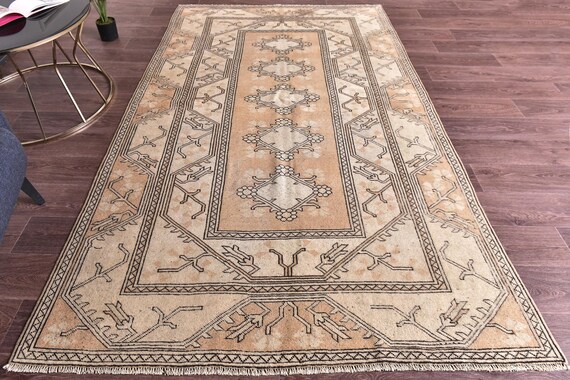 5x8 Turkish Faded Rug, Peach Beige Color,  Handmade Wool, Living Room Bedroom Rug, Antique Geometric Rug