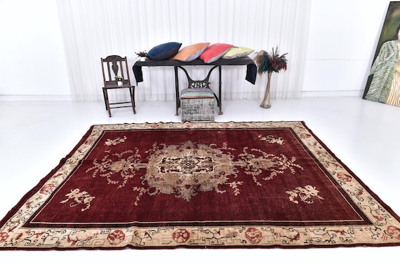 Antique Vintage Turkish Rug, 7x10 Area Rug, 55's Rug, Bohemian Decor Rug, 7x10 Oversize Vintage Rug, Large Area Rug, Vivid Red Color Rugs