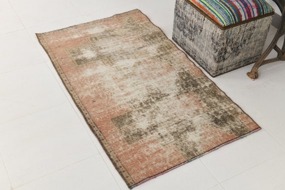 2x4 Area Rug, 2x4 Vintage Doormat, 2x4 TURKISH VINTAGE DOORMAT Rug, 2x4, Doormat Rug 2x4, Oushak Handmade Rug, Pale Red & Brown Vintage, 57s
