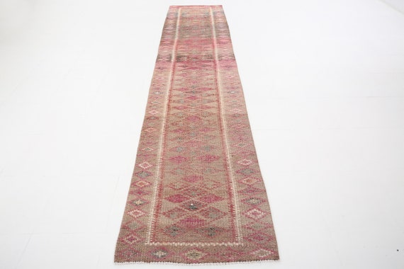 3x13 Herki Runner Rug, 3x12 Red & Pink Herki Runner Rug, 3x12 Rug, Handmade Wool Rug, Long Narrow Runner, Red Pink Carpet, Rug For Hallway
