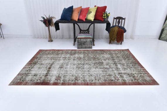 6x8 Turkish Oushak Vintage Rug, Gray Red and Bronze Vintage Rug, Vintage Rug 6x8, Farmhouse Rug, Hand-Made Anatolian Rug, Turkish Rug 6x8