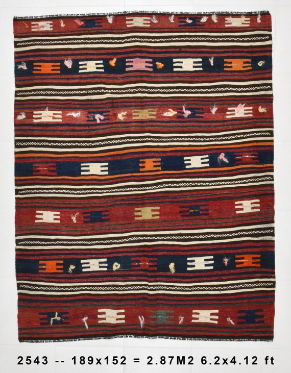 5x6 Area Rug, 5x6 Striped Kilim, 5x6 TURKISH VINTAGE KILIM Rug, 5x6, Kilim Rug 5x6, Shades Of Red & Blue Kilim, Wool Handmade Kilim, Antique