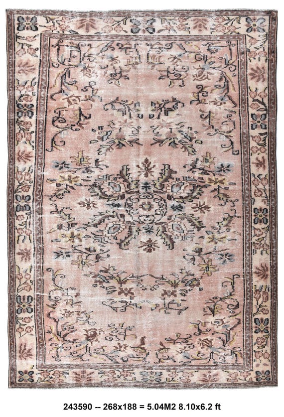 6x9 Turkish Vintage Rug, Brown, Pink Color Rug, Handmade Home Decor, Turkish Area Rug 6x9, Living Room Rug, Antique Tapestry, 6x9 Rug