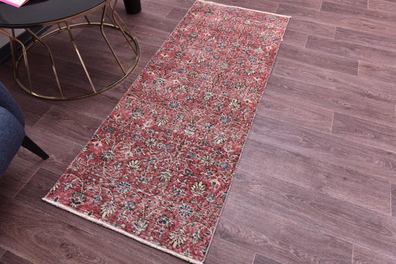 Handmade Wool Turkish Vintage Rug: 2x6 Faded Green and Red