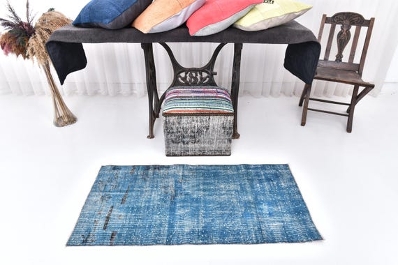 Antique Vintage Turkish Rug, 2x3 60's Turquoise Area Rug, 2x3 Soft Wool Kilim Rug, 2x3 Rug, Handmade Wool Rug, 2x3 Light Blue Rugs Carpet,
