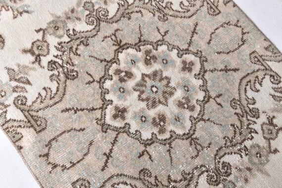 2x5 Vintage Floral Runner Rug, 2x5 Brown Beige Vintage Runner Rug, Handmade Wool Rug, Aesthetic Rug, 2x5 Turkish Runner Rug, Hallway Rug