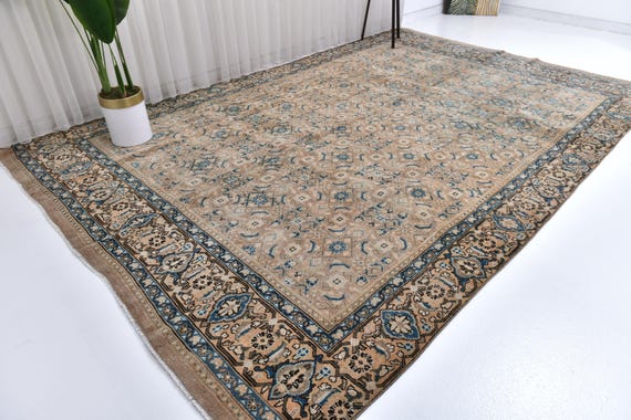 9x13 Vintage Persian Tabriz Style Rug, 9x13 Large Area Rug,  Earthly Tones, Blue Traditional Oriental Rug, Living Room Decor Handwoven Wool