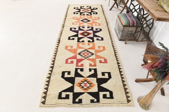 4x11 Runner Rug, 4x11 Kilim Runner, 4x11 WIDE VINTAGE KILIM Rug, 4x11, Wool Handwoven Oushak, 4x11 Rugs, Beige & Purple Kilim, Antique 60s
