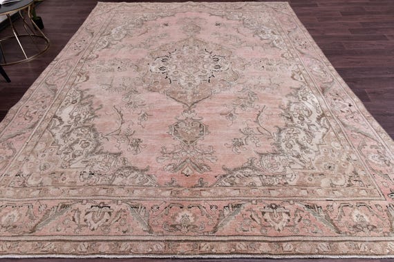 9x12 Antique Unique Salmon Area Rug, Salmon Brown Green Color Rug, 9x12 Handmade Wool Rug, Large Area Rug, 9x12 Rug, Traditional Wool Rug,