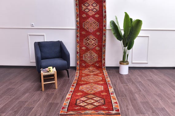 3x13 Vintage Burgundy Wool Runner Rug, Burgundy Cream Black Color, Hallway Kithcen Rug, Handmade Soft Wool-Turkish