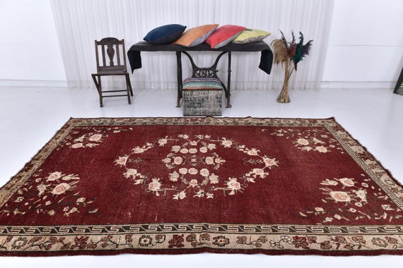 Antique Vintage Turkish Rug, 6x10 Area Rug, 55's Rug, Bohemian Decor Rug, 6x10 Oversize Vintage Rug, Large Area Rug, Vivid Red Color Rugs,