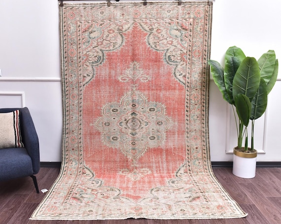 6x9 Vintage Distressed Medallion Handmade Floral Red Green Rug