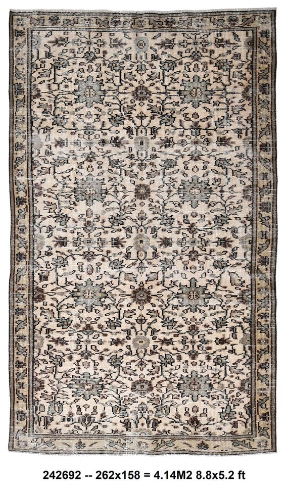 5x9 Floral Vintage Rug, 5x9 Brown and Cream Turkish Rug, 5x9 Rug, Handmade Wool Rug, 5x9 Area Rug, 5x9 Rug For Living Room Bedroom Rug 57s