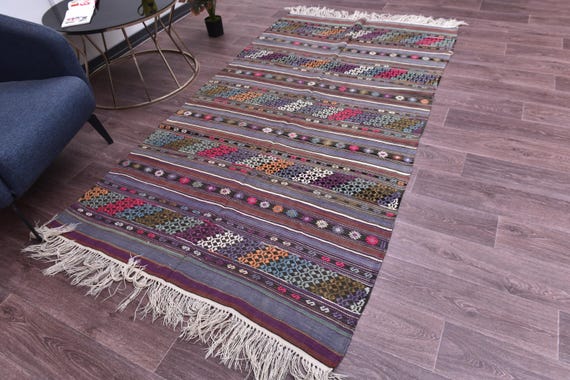 4x8 Vintage Turkish Fringe Kilim Rug, Handmade Wool Jute Rug, 4x8 Farmhouse Decor, 4x8 Kilim Rug, Rainbow Design, Traditional Kilim Rug