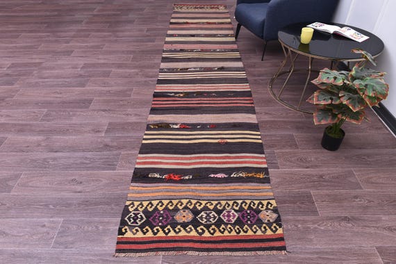 3x14 Vintage Kilim Runner Rug, 3x14 Vintage Runner, 3x14 Striped Runner, 3x14 Wool Handwoven Rug, Red Black Color 3x12 Turkish Kilim Runner