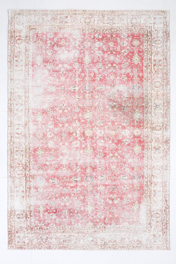 6x10 Area Rug, 6x10 Vintage Rug, 6x10 Pale Red Turkish Vintage Rug, 6x10, Oushak Handmade Rug, Pale Red & Beige Rug, Rug For Bedroom, 57s