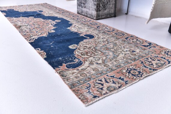 3x9 Vintage Blue and Coral Runner Rug, Handwoven Persian Style Carpet, 3x9 Vintage Runner Rug, Handmade Wool Rug, 3x9 Area Rug, Hallway Rug