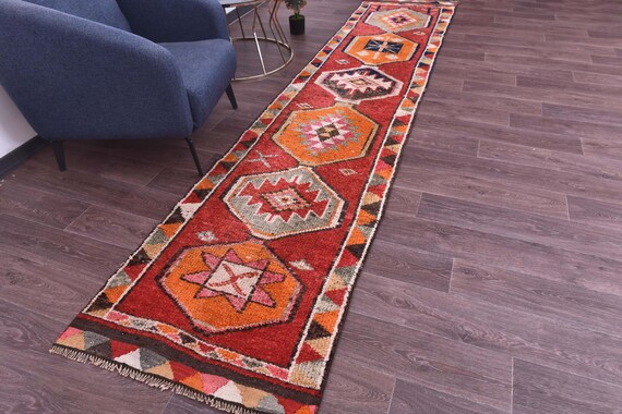 2x12 Soft Vintage Turkish Runner Rug, 2x12 Kitchen Runner Entryway Decor, Red Orange Blue Color, 2x12 Handmade Wool Rug, 2x12 Hallway Runner