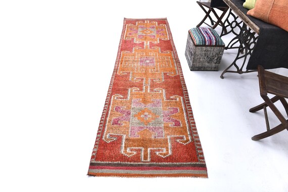3x11 Vintage Runner, 3x11 TURKISH VINTAGE RUNNER Rug, 3x11 Rug, Handmade Wool Oushak, 3x11 Runner Rug, Red & Orange Carpet, Farmhouse Decor