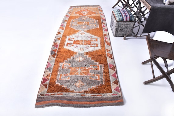 3x10 Pumpink Orange Vintage Runner Rug, 3x10 Vintage Runner, 3x10 Rug, Handmade Wool Aesthetic, Vintage Runner 3x10, Rug For Hallway Tapis