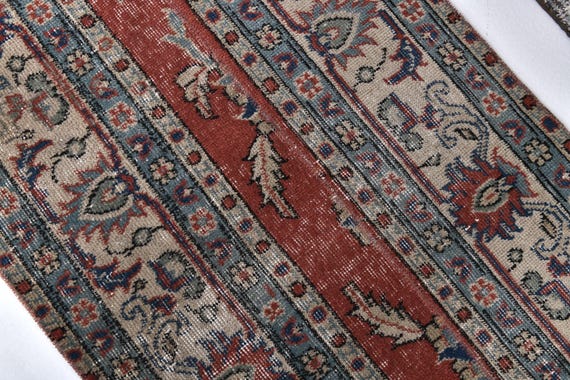 2x8 Vintage Faded Runner Rug, 2x8 Handmade Geometric Runner, Red Blue Color, 2x8 Elegant Runner, 2x8 Hallway Rug, 2x8 Kithcen Runner Rug,