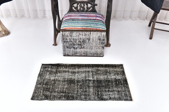Antique Vintage Turkish Rug, 1x3 Black and White Accent Rug, 1x3 Small Doormat, 1x3 Anatolian Rug, Handmade Soft Wool Rugs, Turkish Doormat