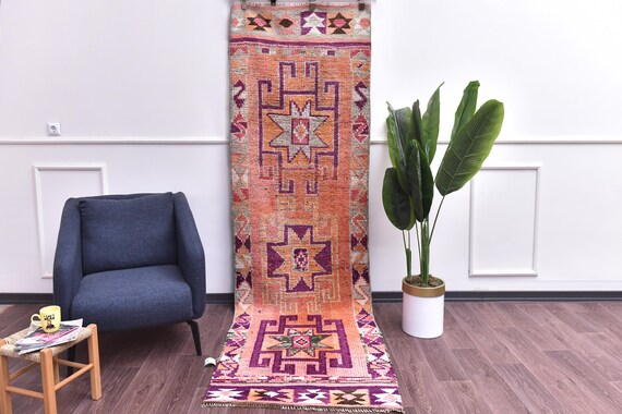 3x10 Vintage Handmade Pink Runner Rug, Soft Wool Rug, Hallway Kitchen Runner Rug, Pink Purple Color