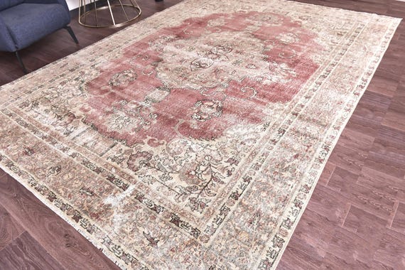 8x11 Vintage Faded Area Rug, Burgundy Cream Color Rug, 8x11 Handmade Wool Rug, 8x11 Area Rug, Farmhouse Decor, Medallion Rug, 8x11 Area Rug