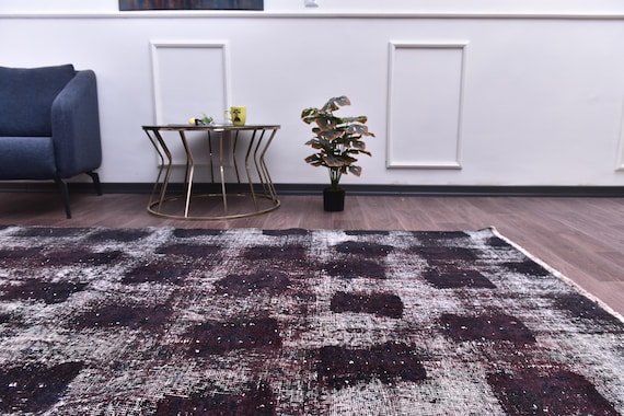 7x10 Overdyed Check Design Rug, Dark Purple Color, 7x10 Faded Rug, Living Room Kithcen Rug, 7x10 Handmade Rug, Area Rugs, Vintage Tapestry